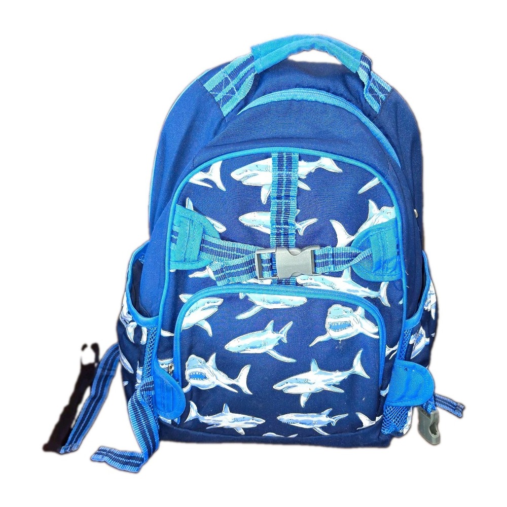 Blue Shark Print Kids Backpack Zip Adjustable Straps pockets Top Handle *read*